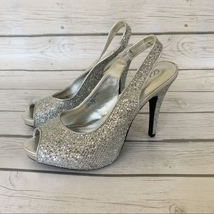 Lulu Townsend Peep-Toe Sling-Back Silver Heels 8